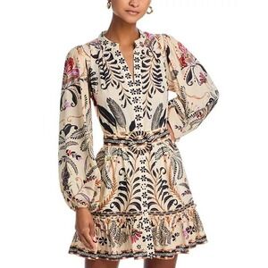 Farm Rio Classic Nature Sand Mini Dress Cream Floral Button Front Belted Size M